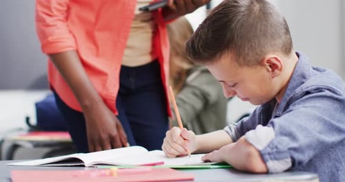 Diverse female teacher and schoolchildren at desks in school classroom