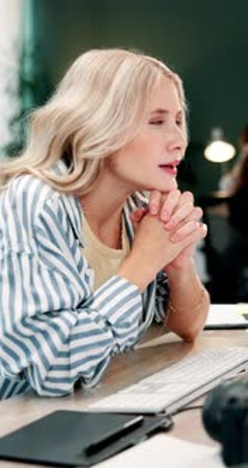 Business woman, computer and thinking at agency for website design ideas