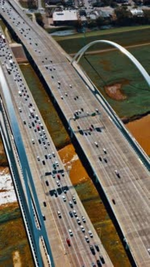 Aerial view of busy highways and bridges in Dallas, USA