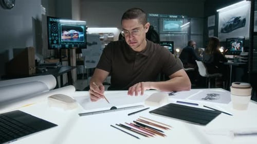 Junger männlicher Autodesigner zeichnet neuen Prototyp am Leuchttisch