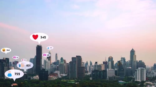Social Media Icons Fly Over City Downtown Showing People Reciprocity Connection