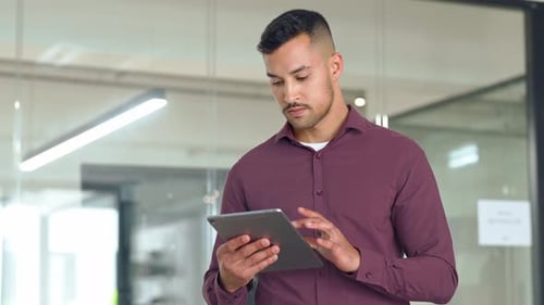 Busy Young Business Man Employee Using Digital Tablet Standing in Office