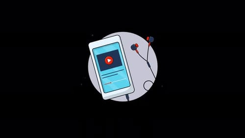 Smartphone con auriculares Viendo un vídeo de animación conceptual - Transparente
