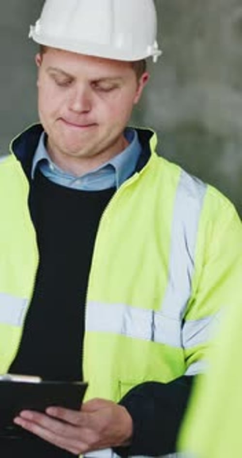 Arquitectura, conversación y hombre con portapapeles, sitio de construcción para proyectos de construcción y seguridad