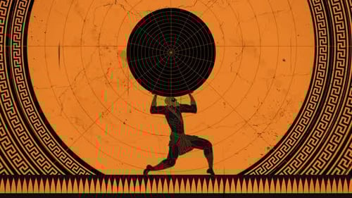 atlas holding the globe in orange greek amphora style