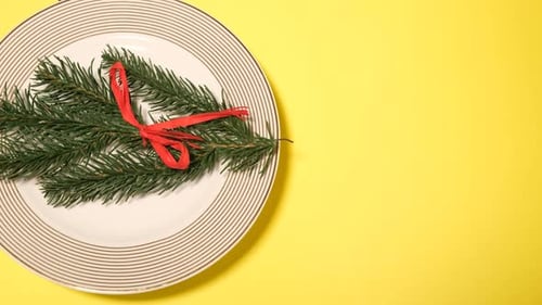 Fir Tree Branch with Red Ribbon on Plate