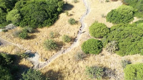 Aerial view of a person walking a countryside trail in Sardinia, Italy.