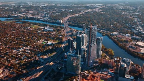 Approaching the group of high-rises in the cityscape of Austin, Texas, USA.