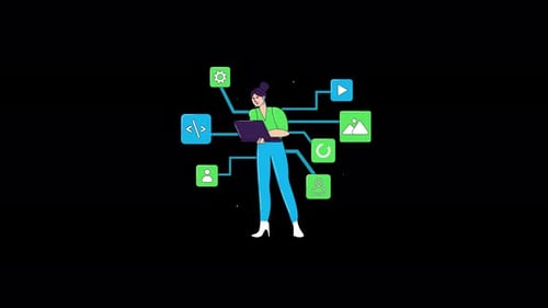 Woman working on laptop in colorful outfit
