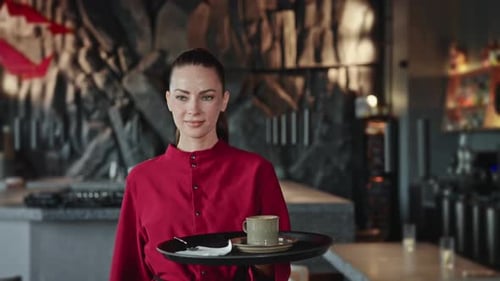 Eine Kellnerin in roter Uniform hält ein Tablett mit Tasse und Untertasse in einem modernen Restaurant in der Hand The