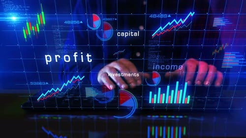 Profit business and income charts graphs display with man typing keyboard