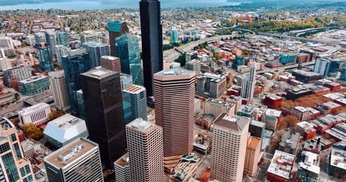 Flying closer to the highest skyscraper in the downtown of Seattle, Washington, the USA