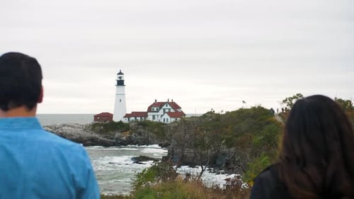 Couple on Path Lighthouse, Coast of New England Portland Maine Adventure