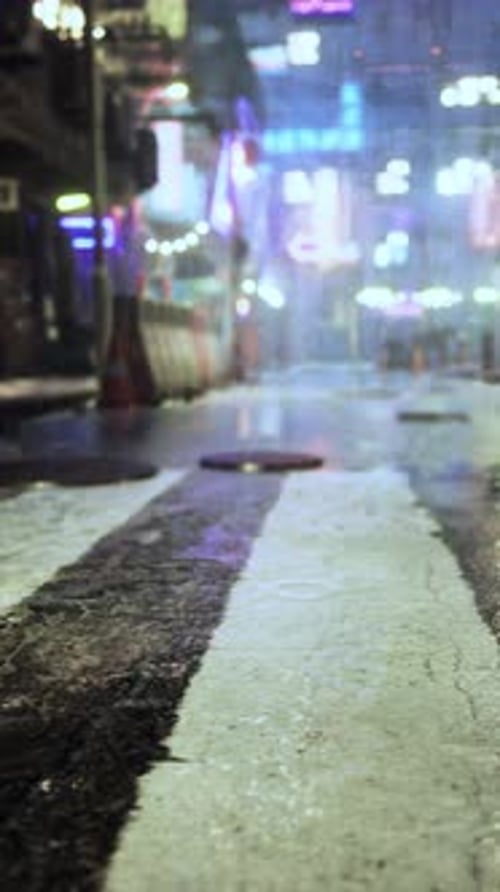 City Street Night View With Rain and Buildings