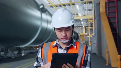 Close Up Of Asian Male Engineer Working On A Tablet In Pipe Manufacturing Factory