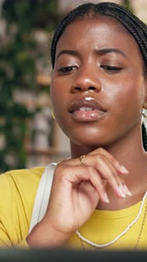 Elearning, black woman or thinking with laptop in home for research doubt, problem solving or study