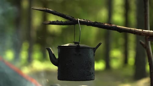 A Tourist Kettle Hangs On A Branch Over The Fire And Boils Water