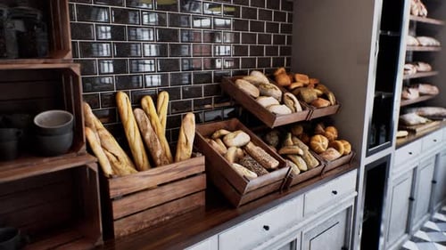 Fresh Bread on Shelves in Bakery