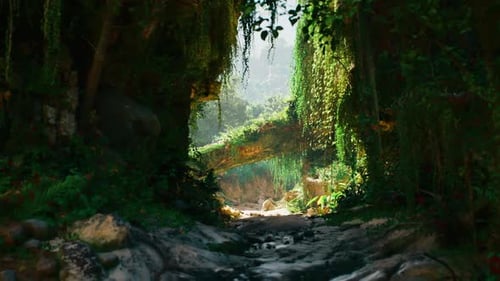 Lush Green Landscape in a Chinese Forest with Sunlight Filtering Through Trees