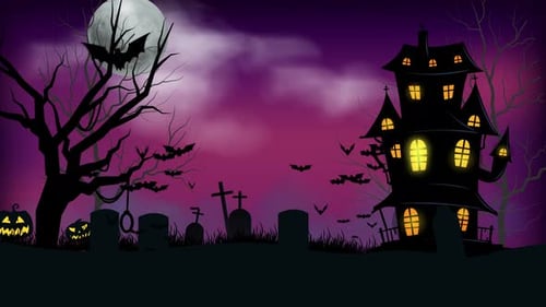 Spooky Halloween Night with Animated Haunted House and Flying Bats