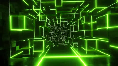 Dynamic green neon cubes forming a futuristic tunnel design