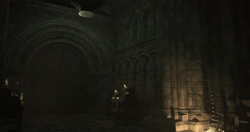 Ancient Stone Hall Illuminated By Candlelight Creates Mysterious Atmosphere