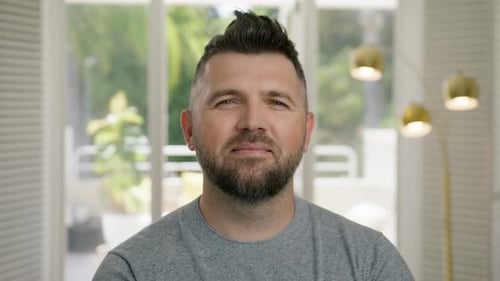 Guy Makes Live Video Conference Call Online Using Computer Home Webcam View