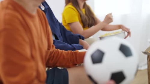 Friends Watching Soccer Game at Home, Cheering