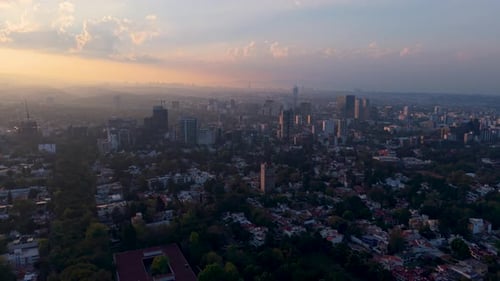 Aerial drone shot showing a nostalgic sunset over Mexico City
