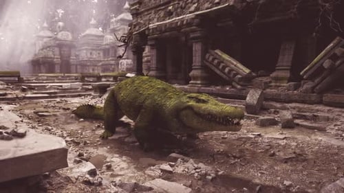 Crocodile errant dans d'anciennes ruines dans un paysage brumeux