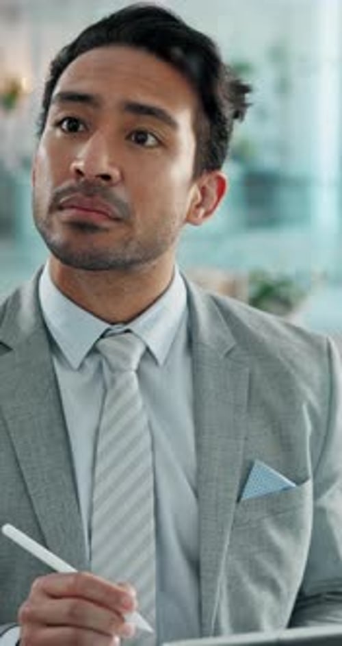 Planning, tablet and thinking with business man in office for agenda, calendar or schedule on glass