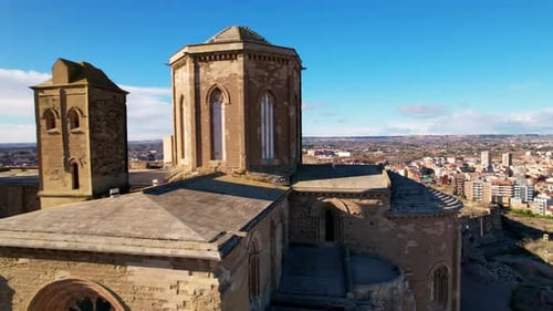 Panoramic aerial drone view of typical Gothic architecture La Seu Vella cathedral: vaults, colonnade