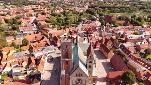 Aerial view of Ribe Cathedral and red rooftops, Denmark.