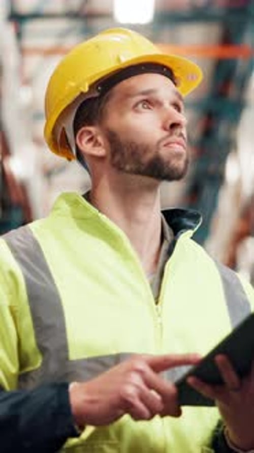 Man, tablet and shelf at warehouse for inspection, stock check and inventory management at plant