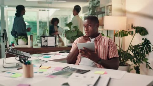 Tablet, creative and businessman in office with research for company event planning with budget