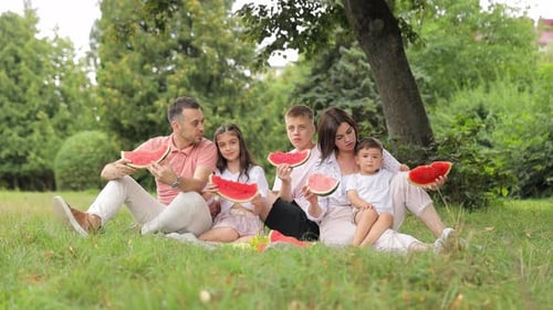 Family Enjoying Watermelon Picnic in the Park