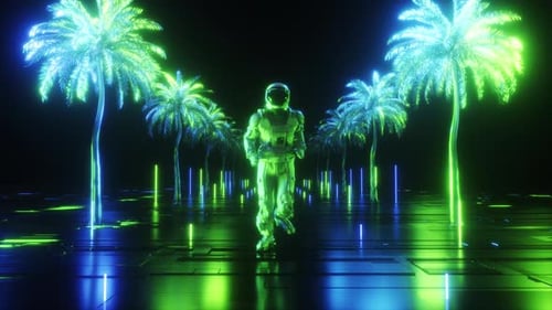 Fond d'onde de synthèse d'un astronaute en train de courir entre une boucle de palmiers luminescents au néon