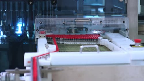 Medicine bottles moving along automated packaging line in pharmaceutical plant