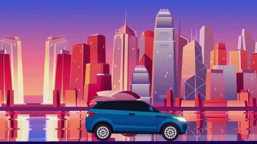 Blue Car Driving in Flat Design Cityscape Animation