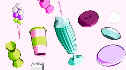 Modern Animation of Falling Candies, Milkshake, and Coffee Cup