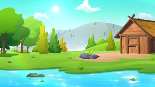 Cartoon River Nature Landscape looped + 4k