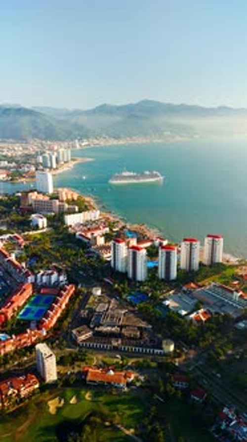 Cruise Ship Departing From The Puerto Vallarta Marina At Sunset. Jalisco, Mexico