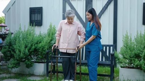 Doctor or nurse caregiver with senior asian woman using walker assistance at home or nursing home