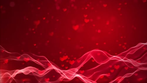 Animated Red Hearts Floating with Abstract Fluid Waves