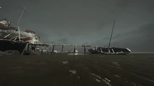 Abandoned Boat at Low Tide Near a Weathered Pier in a Coastal Area