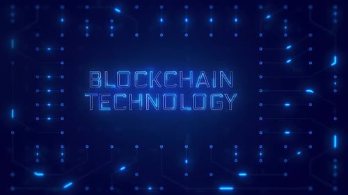 Blockchain Technology Word Text with neon circuit board design or computer semiconductor design