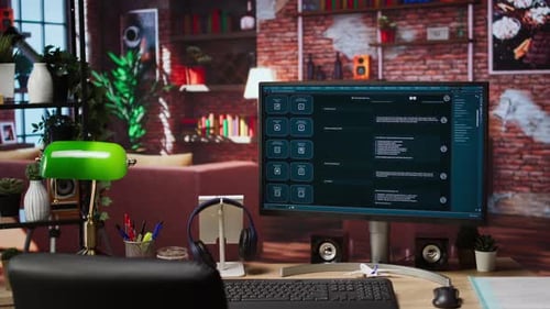 Jib-Down-Aufnahme einer großen Sprachmodellanwendung auf einem Computerbildschirm
