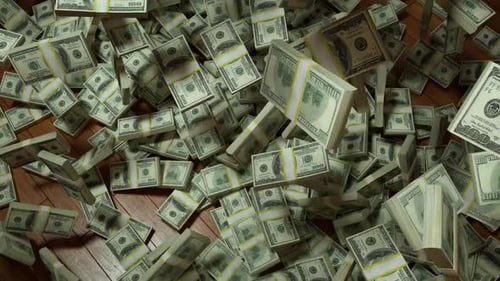 Hundreds of US Dollar Bills Falling and Piling Up Animation