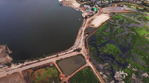 Silt Fields Geometric Pattern on Riverbank Aerial Panorama