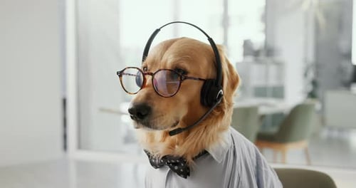 Dog, call center and communication with laptop, headset and glasses with reading for telemarketing